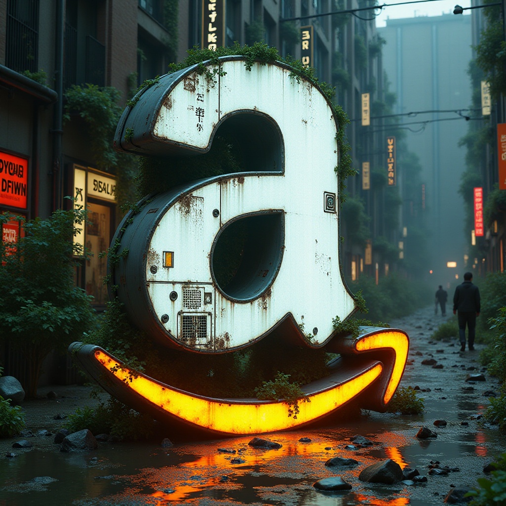 Modern Dystopian art featuring a discarded nostalgic Amazon logo idol ,  strategic layering,  digital 3D rendering on Tens...