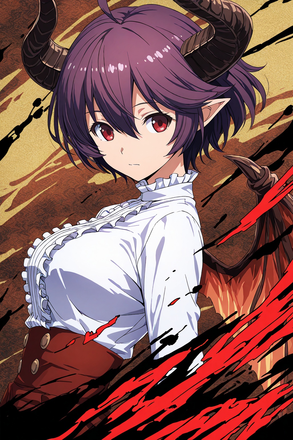 A upper body of anime girl,in the style of ink wash painting,anime style,with bold black ink splashes and splatters,dynamic brush strokes,chaotic ink drips,splashes of bright red,1girl,grea \(shingeki no bahamut\),abstract background,closed mouth,Angled sideways,looking away,