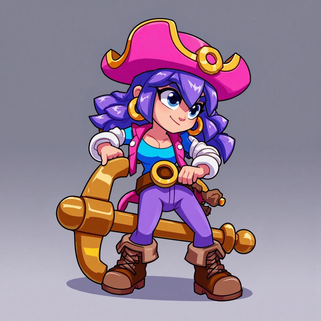 OMQJ,A pirate figure. She wears a pink hat with circular decorations on it,purple hair with large earrings,which makes her very eye-catching. Her upper body is dressed in a blue undergarment and a pink vest,with white cuffs creating a color contrast. A brown belt with a large round metal buckle highlights her efficiency. Her lower body is adorned with purple pants and brown lace-up boots,creating a harmonious overall color scheme. She rests her left hand on a large anchor,the brown main body of which combined with the metal parts exudes a sense of power, her right hand holds an item similar to a rope,in a casual yet confident posture,revealing an adventurous and unrestrained temperament.,