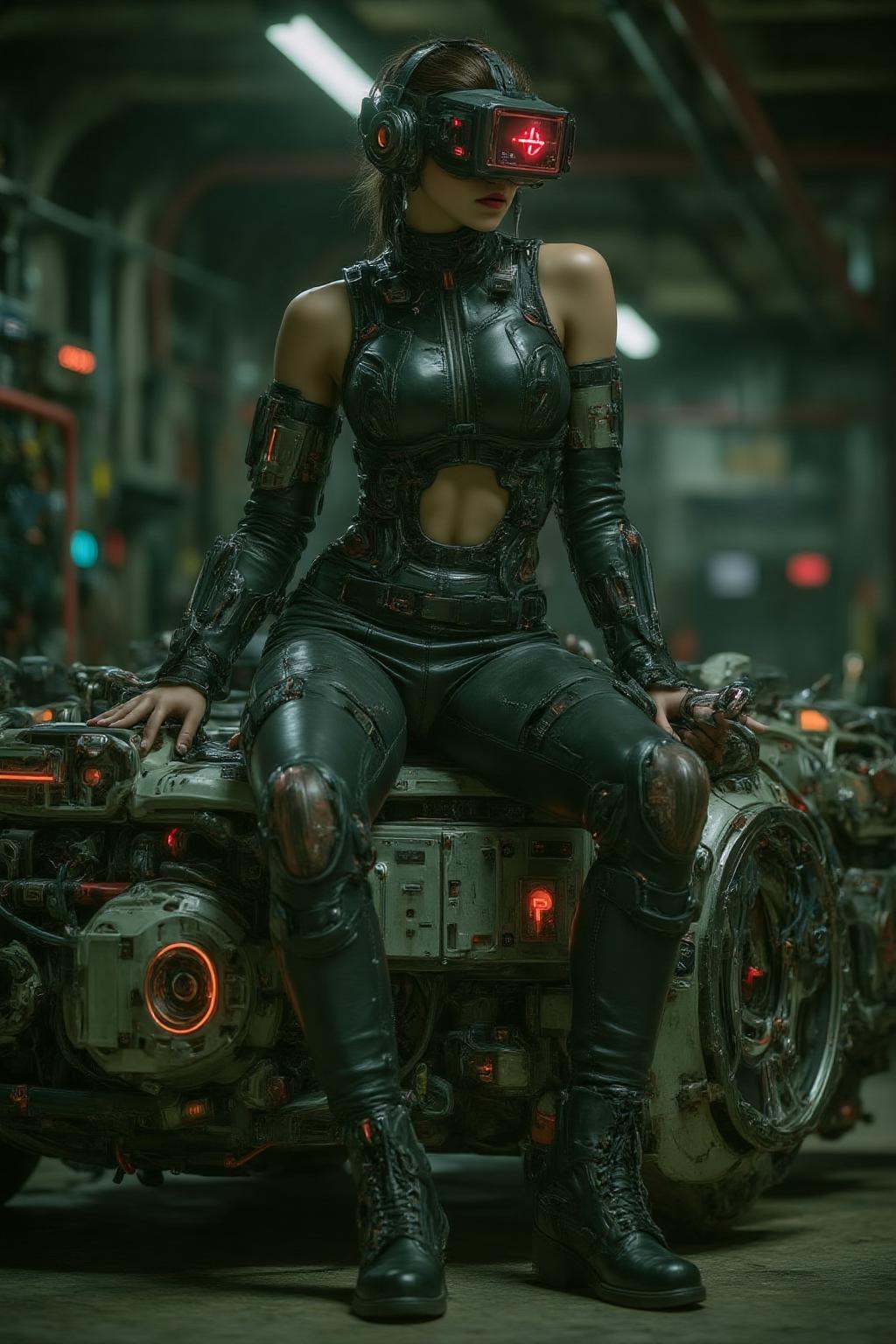 midjourney photograph.A striking,  futuristic scene depicts a woman dressed in sleek,  form-fitting leather attire on Tens...