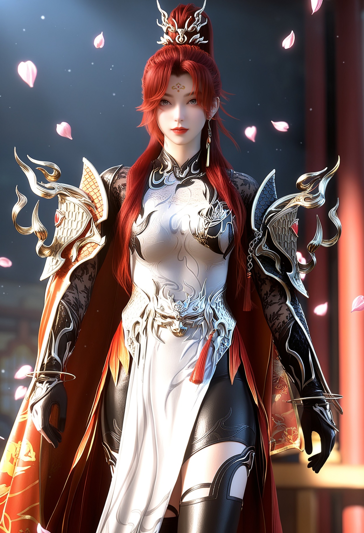 masterpiece,best quality,amazing quality,high resolution,ultra-detailed,absurdres,(looking at viewer:1.1),upper body,Dark room,moody lighting,peach blossom,falling petals BREAK large breasts,1girl,solo,long hair,red hair,jewelry,earrings,forehead mark,red lips,hair ornament,ponytail,armor,dress,chinese clothes,makeup,thighhighs,gloves,cape,blue eyes,shoulder armor,high ponytail,grey eyes,red cape,black thighhighs,thigh boots,boots BREAK photorealistic details,<lora:QQSillchiyanghuamingV1:0.8>,