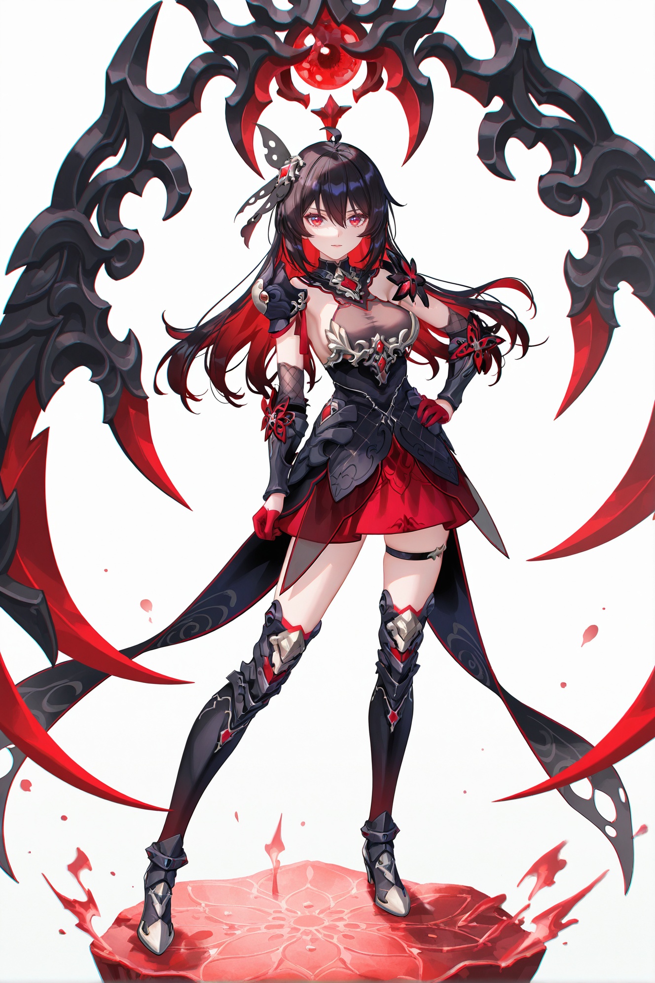 8k,best quality,masterpiece,(ultra-detailed),(high detailed skin),((artist:reoen),(artist:fuzichoco),(artist:atdan),(artist:torino_aqua),year 2024:0.8)1girl,[artist:wlop],[artist:ningen_mame],artist:ciloranko,[[artist:rhasta]],artist:tidsean,colorful,full body,full shot,standing,looking at viewer,(solo:1.2),simple background,(white background:1.2),hand on own hip,(white background:1.1),<lora:StarchasmNyx-ill-Tanger:0.8>,seele vollerei,seele vollerei \(Starchasm Nyx\),clothes: Red and black female armored skirt,multicolored hair,red hair,black hair,1girl,red eyes,bangs,red gloves,Starchasm Nyx black hair ornament,long hair,Starchasm Nyx black thigh boots,hair between eyes,