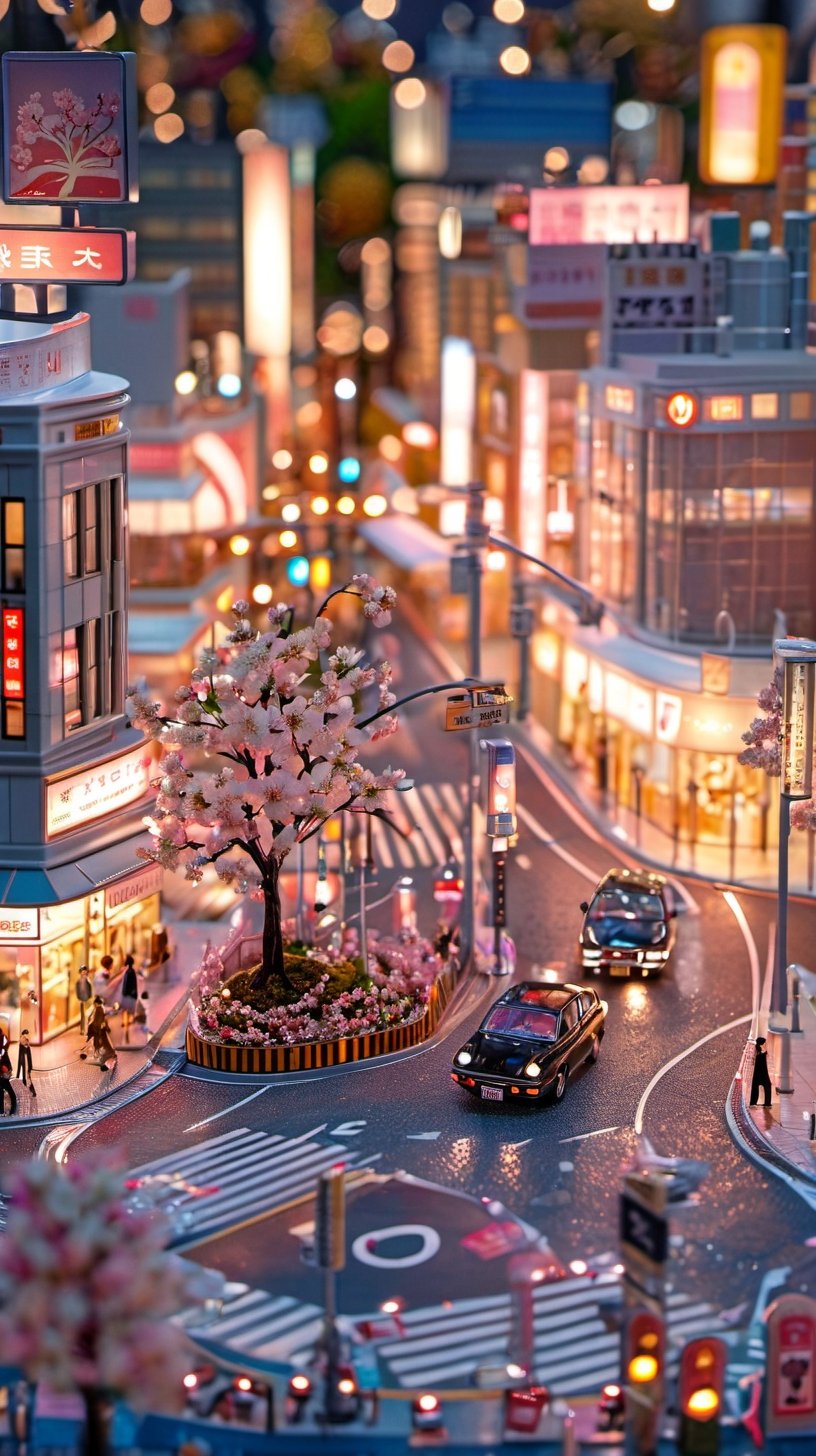 <lora:鼻涕泡_微缩王国_V1.0:0.9>,highly detailed,ultra-high resolutions,32K UHD,best quality,masterpiece,tao,chi,motor vehicle,car,road,street,outdoors,blurry,lamppost,scenery,crosswalk,tree,traffic cone,cherry blossoms,road sign,city,building,sign,The image showcases a miniature cityscape with intricate details,vibrant lights,and a dreamy atmosphere.,