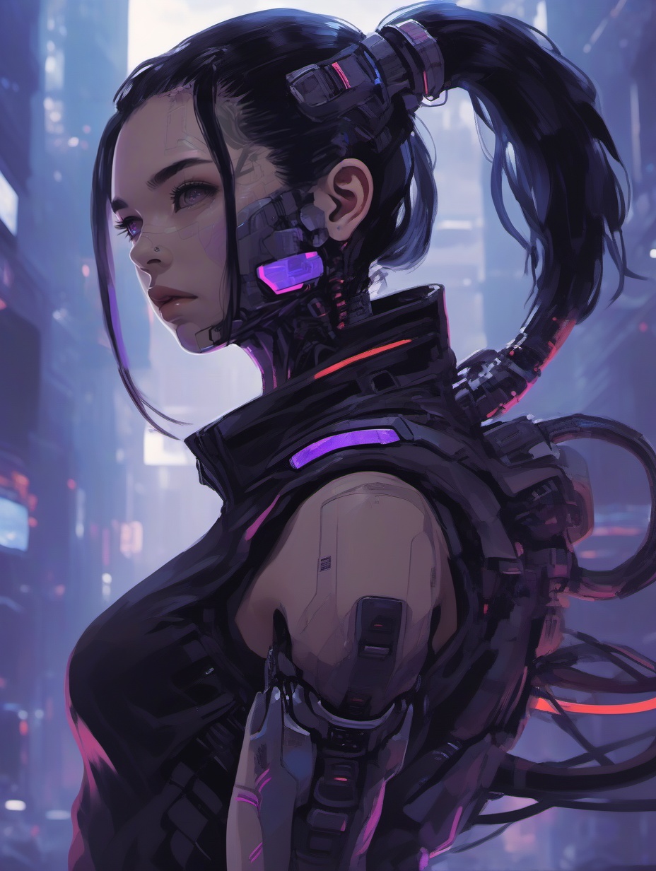 gzly,1girl,solo,cyberpunk,ponytail,looking at viewer,black hair,science fiction,upper body,joints,<lora:jjnh-000008:0.8>,, masterpiece, best quality,