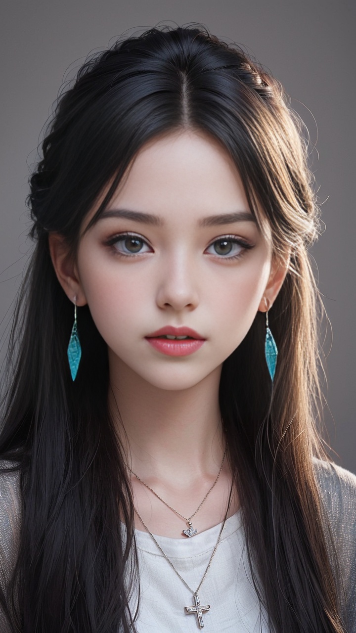 (A 12-year-old girl:1.5),bangs,braid,brown_eyes,brown_hair,earrings,grey_background,jewelry,lips,long_hair,looking_at_viewer,necklace,nose,pendant,realistic,red_lips,simple_background,solo,upper_body,