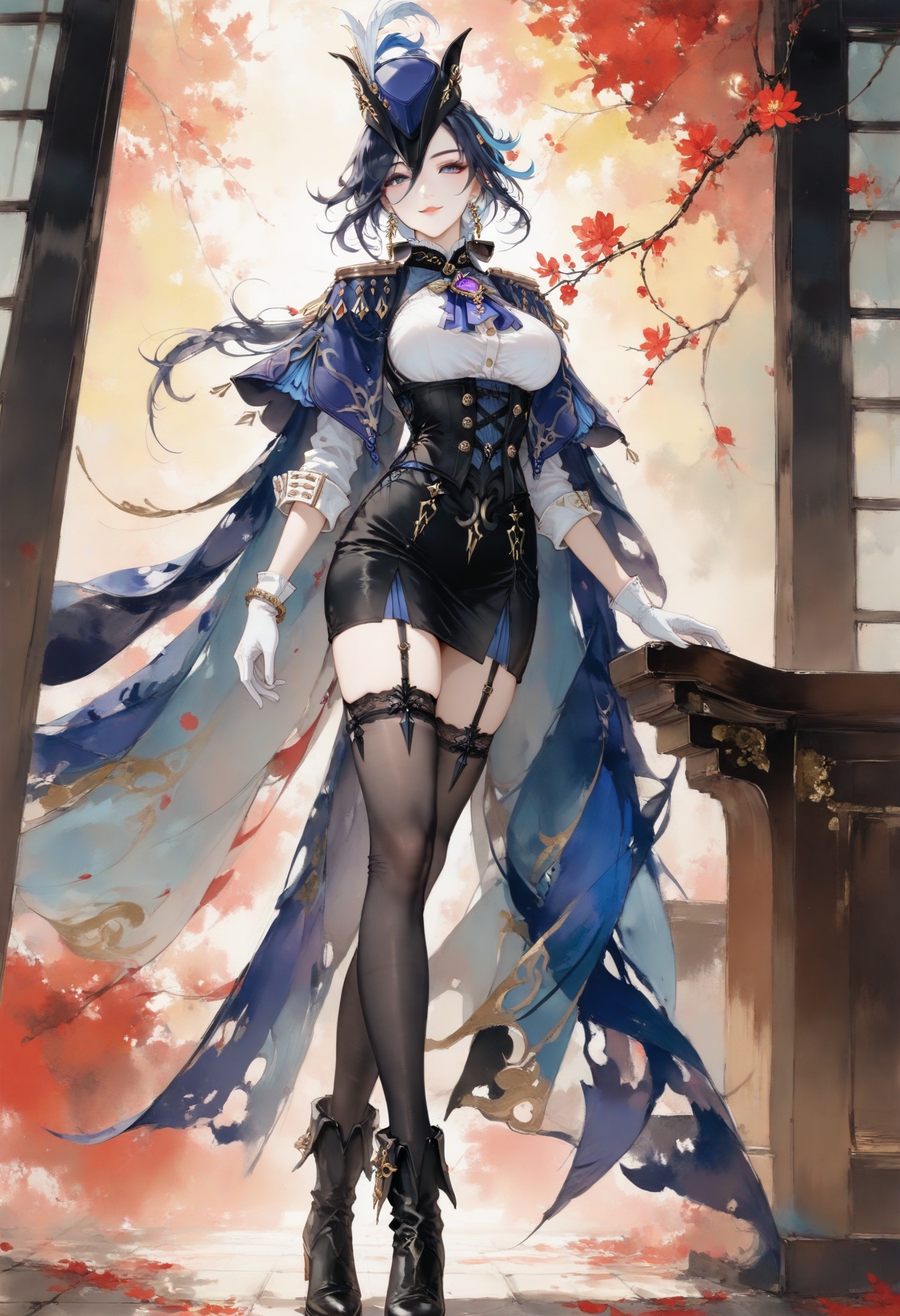 masterpiece,best quality,amazing quality,very aesthetic,sharp focus,high-end texture,(very awa,masterpiece,best quality,year 2024,newest,highres,absurdres),extremely aesthetic,dreamy atmosphere,dramatic lighting,clorinde \(genshin impact\),white gloves,tricorne,pencil skirt,ascot,fold-over boots,thigh strap,white shirt,underbust,blue cape,1girl,solo,long hair,hair ornament,eyelashes,(from below:1.1),(full body:1.1),red lips,large breasts,makeup,bracelet,earrings,necklace,seductive smile,dynamic pose,alternate costume,hanfu,chinese clothes,black thighhighs,garter straps,branch,flower,colorink,,,<lora:colorinkV2.0:0.8>,<lora:mon_monmon2133:0.4>