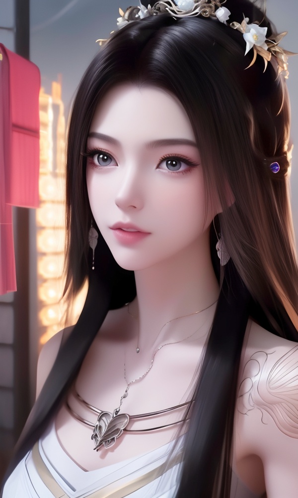 (,1girl, ,best quality, ),looking at viewer, <lora:395-DA-凡人修仙传-紫灵:0.8> ,,ultra detailed background,ultra detailed background,ultra realistic 8k cg,, ,masterpiece, (( , )),ultra realistic 8k cgSurrounded by strange, movie perspective, advertising style, Colorful background, splash of color A beautiful woman with delicate facial features,tattoo all over body, flower arms, , jewelry, necklace, solo, , , , hair_ornament, , earrings,large breasts,,  , ,