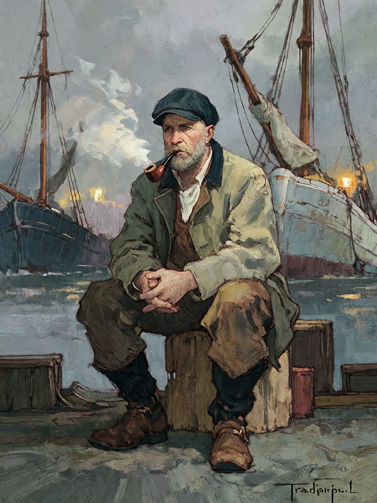 Bradhamel art style.A rugged,  bearded man with a dark flat cap sits on a weathered wooden dock in a misty harbor at dusk,...