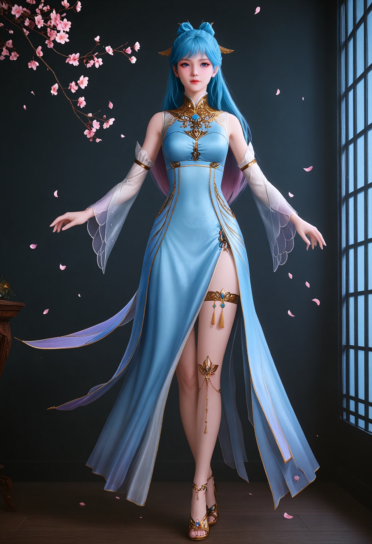 (full_body:1.1),(looking_at_viewer:1.1),(masterpiece:1.1),(best quality:1.2),(intricate details),(smog:1.3),(Dark room:1.3),(dim lighting:1.3),peach blossom,falling petals,<lora:YQ_Illustrious光辉v5_唐舞桐_V1:0.8>,q1528437228:1.1),1girl,blue_hair,long_hair,hair_ornament,blue_eyes,bare_shoulders,realistic,jewelry,hair_rings,multicolored_hair,gradient_hair,hair_bun,dress,chinese_clothes,china_dress,long_dress,detached_sleeves,masterpiece,(best quality),(intricate details:0.9) BREAK (intricate details:0.9),(realistic skin:1.2),masterpiece,best quality,newest,absurdres,hiahres,