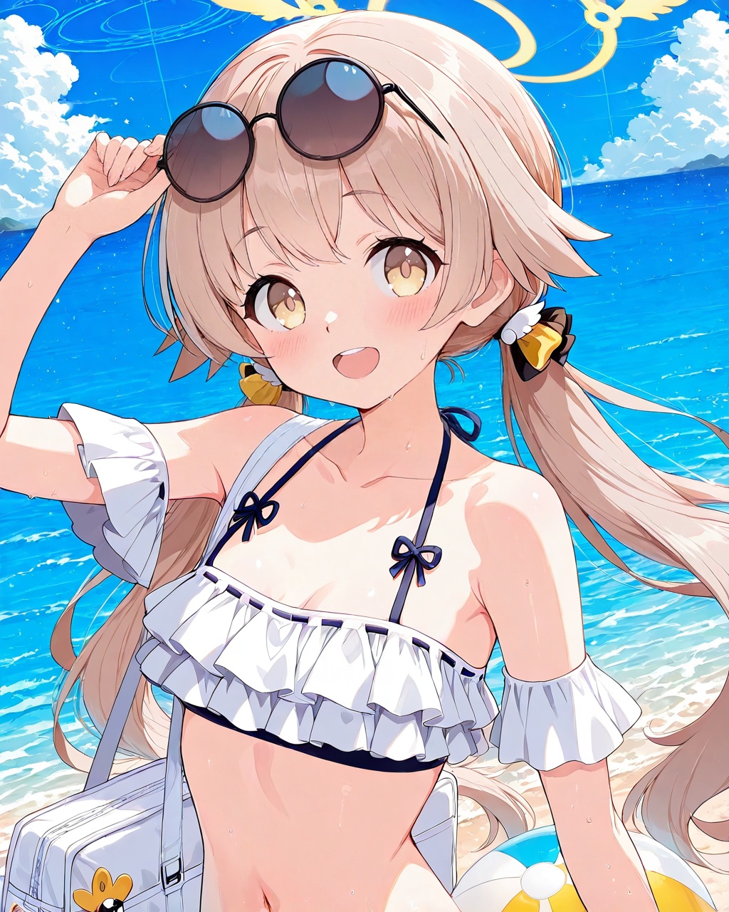 O,ultra detailed anime texture,hifumi (blue archive), 1girl, swimsuit, bikini, twintails, solo, white bikini, frilled bikini, halo, frills, sunglasses, navel, yellow eyes, sky, eyewear on head, low twintails, long hair, looking at viewer, bag, ball, beachball, outdoors, open mouth, light brown hair, collarbone, cloud, ocean, day, smile, blue sky, blush, bangs, round eyewear,(UHD),anatomically correct,accurate,textured skin,super detail,high details,award winning,best quality,high quality,retinal,HD,16k,1080P,