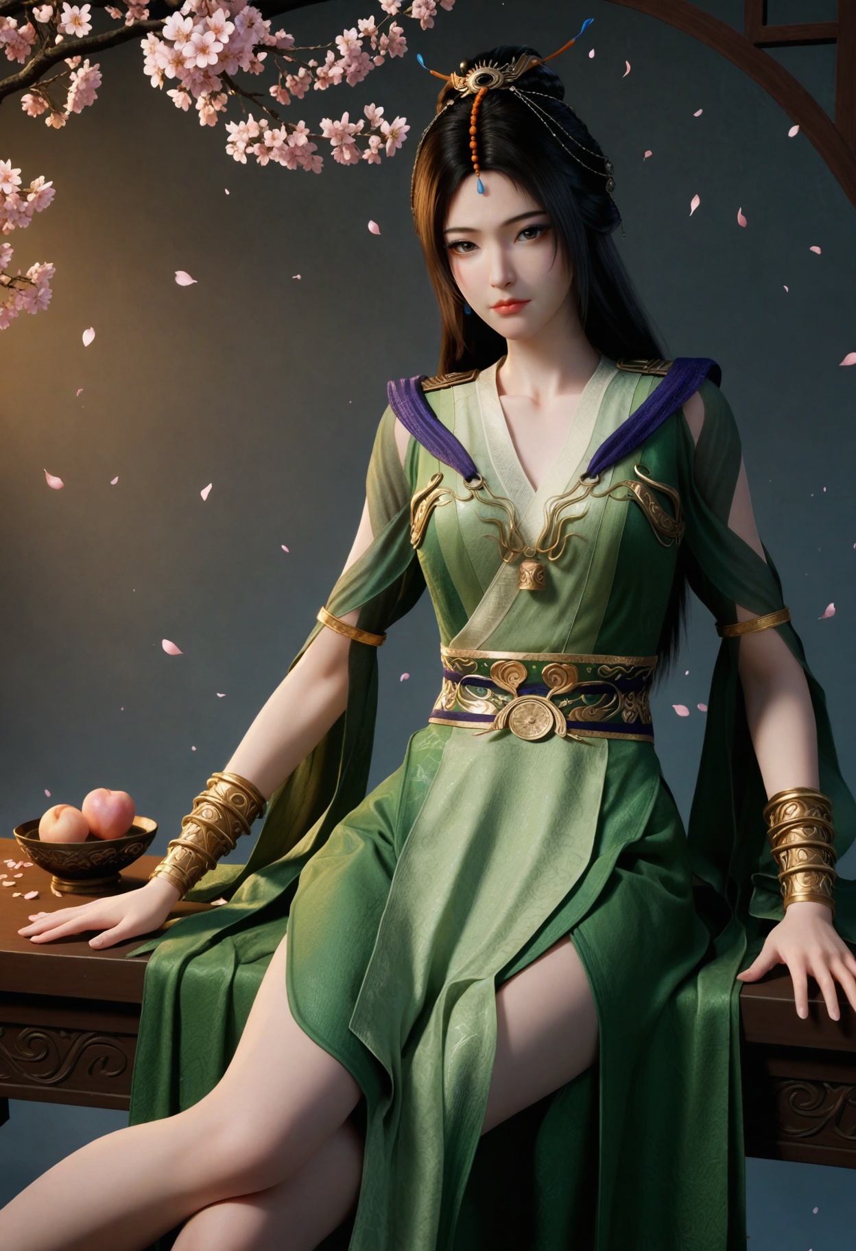 (looking at viewer:1.1),upper body,(moody lighting:1.1),peach blossom,falling petals,(large breasts:0.8),liuyu,1girl,solo,black hair,hair ornament,long hair,green dress,realistic,dress,chinese clothes,closed mouth,jewelry,bracelet,sash,hair bun,brown eyes,clothing cutout,barefoot BREAK masterpiece,(best quality),(intricate details:0.9),(realistic skin:1.2),<lora:QQSillliuyuV1:0.8>,