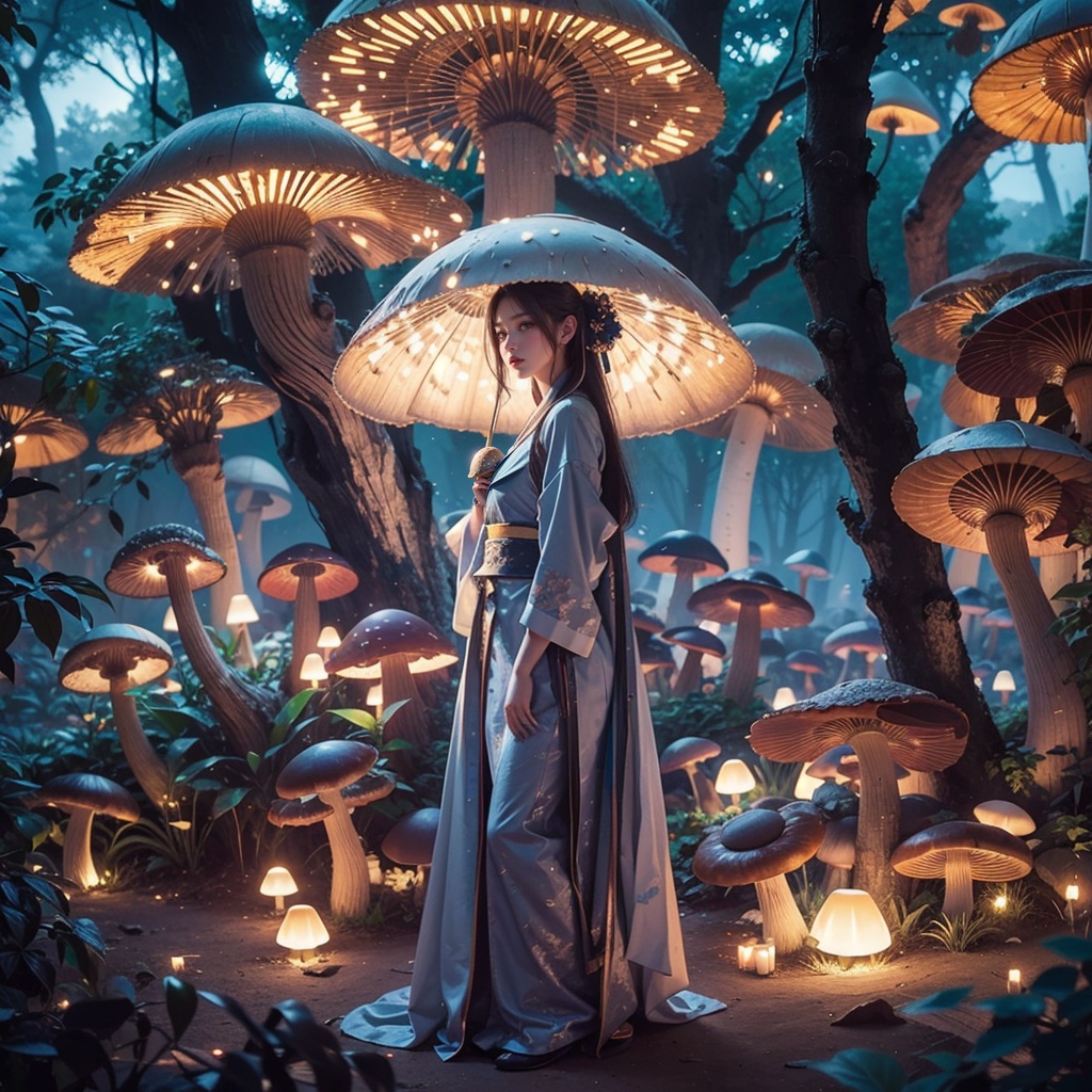 optics, （Light particle effect：1.3）, light and shadow effect, （Giant glowing mushroom：1.5）, fansty world, Multiple light sources, Self-luminescence, Lots of mushrooms, Huge mushrooms, （Glowing mushrooms：1.5）, Huge mushrooms, Photographic lighting, photography, hazy light effect, Light effect, 1 Sister, Straight dress, Hanfu, looking at the camera in, Side seam body lesbian, Best quality, tmasterpiece, 8K