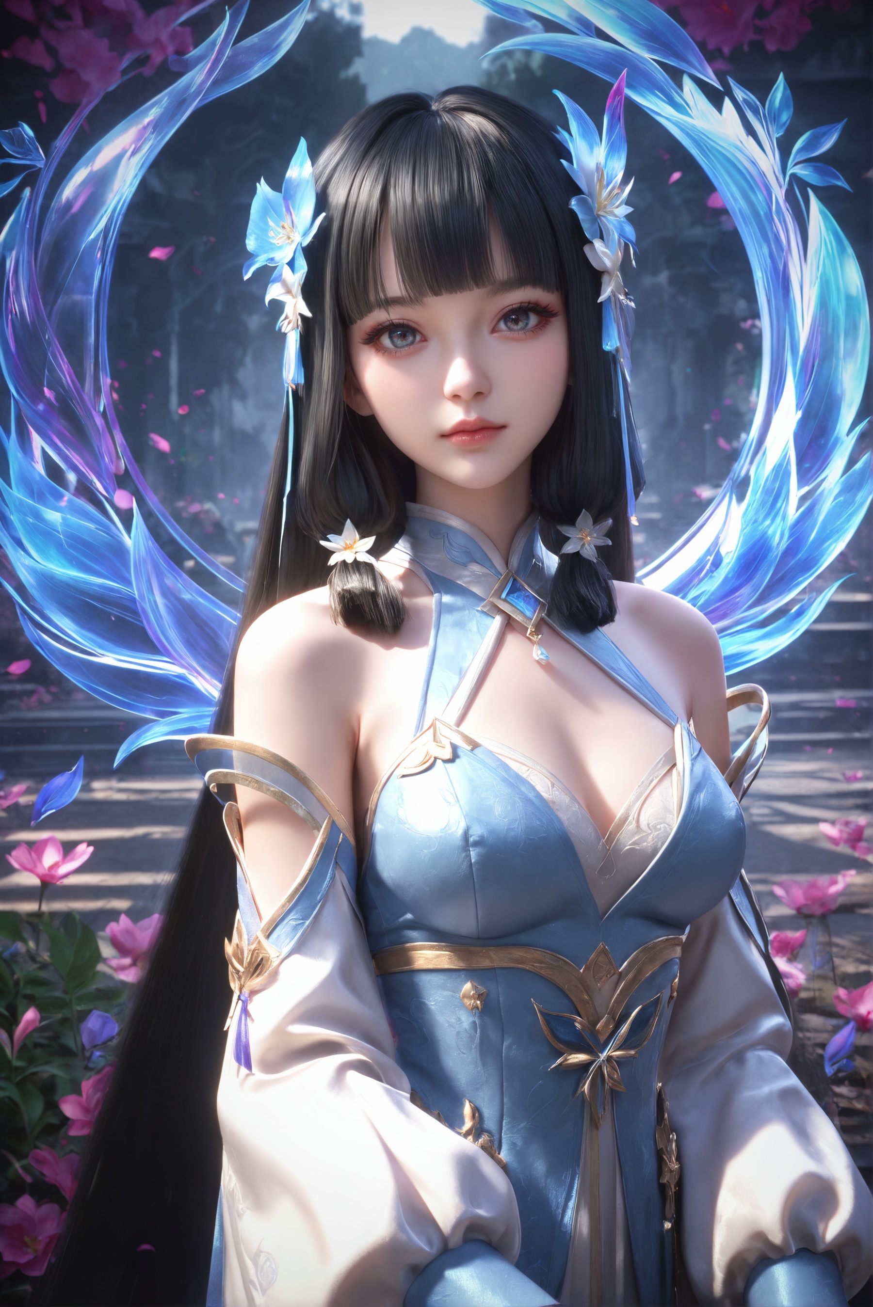 score_9,score_8_up,score_7_up,best quality,masterpiece,high resolution,flawless skin,perfect lighting,sharp focus,1girl,solo,<lora:云落-海神大陆:0.7>,bare shoulders,black hair,blunt bangs,detached sleeves,dress,flower,hair flower,hair ornament,long hair,portrait,looking at viewer,