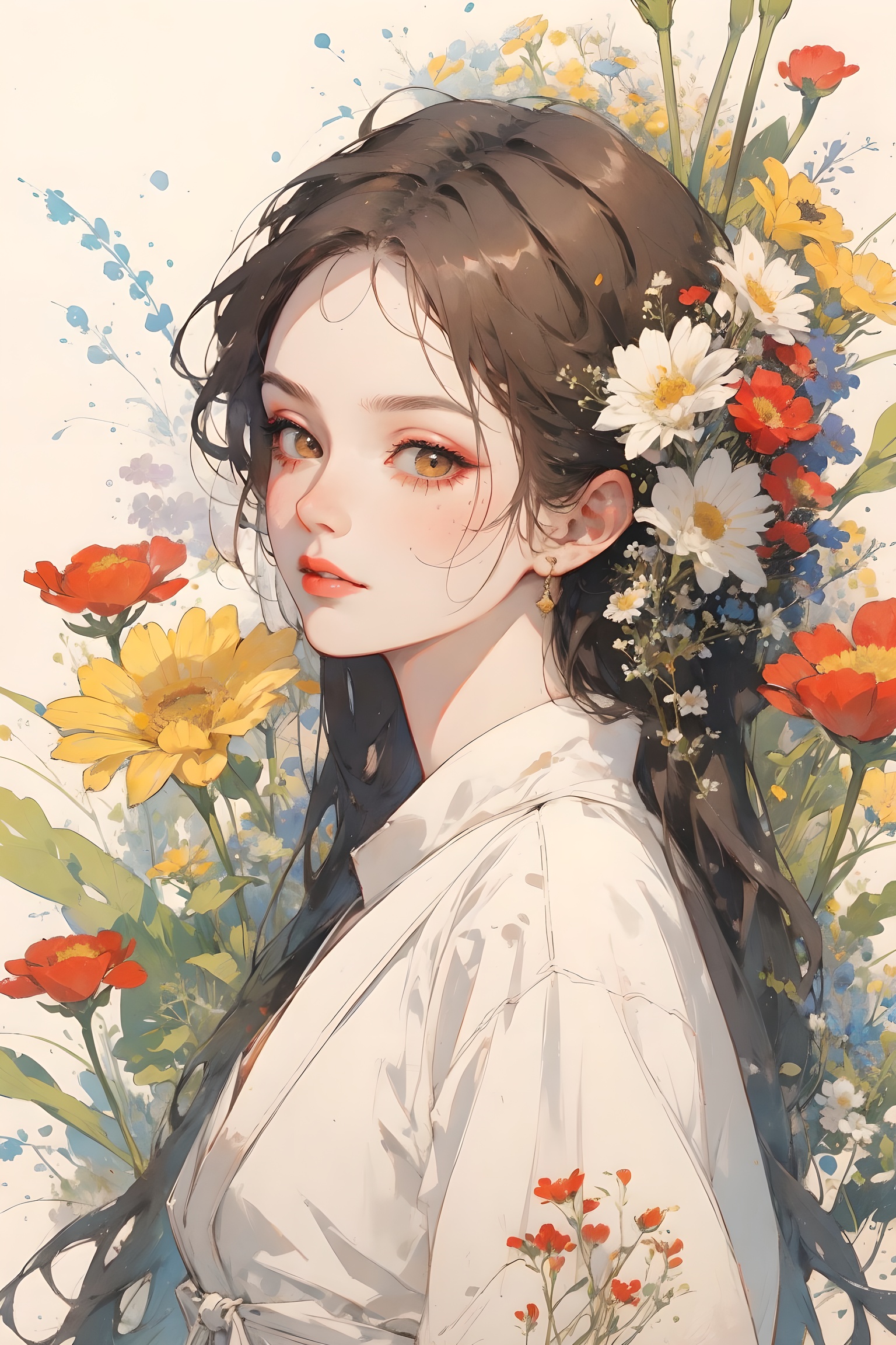 one girl,masterpiece:1,best quality,pigment:1.5, Facial detail,flower,Exquisite makeup, Color background,(colorful:0.8),ancient ,ancient costume,diffusion, <lora:chinese-art:0.35>