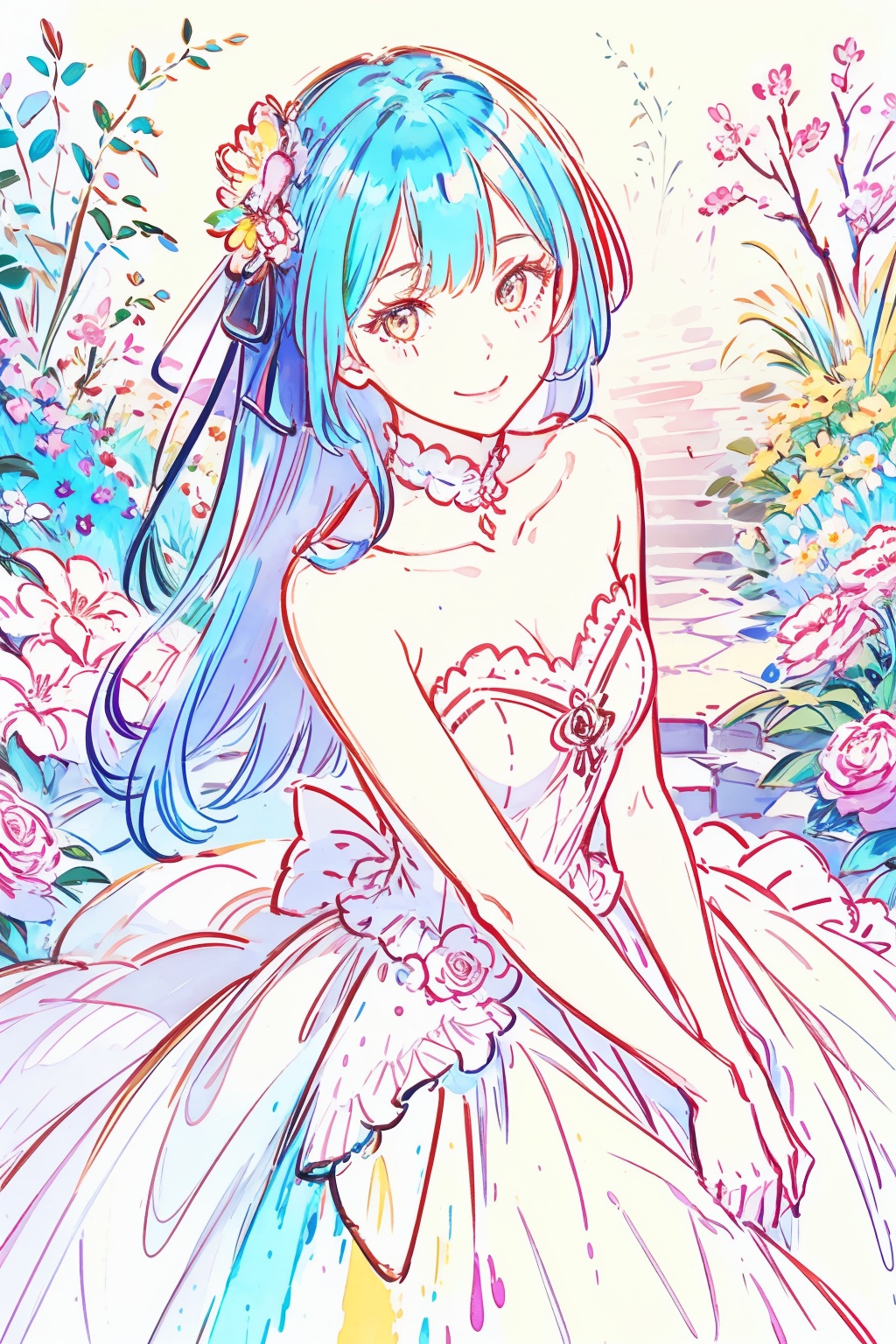 best quality,masterpiece,sketch,traditional media,1girl,smile,(colorful:1.5),strapless dress,garden,floral background,<lora:Marker Illustration:1>,