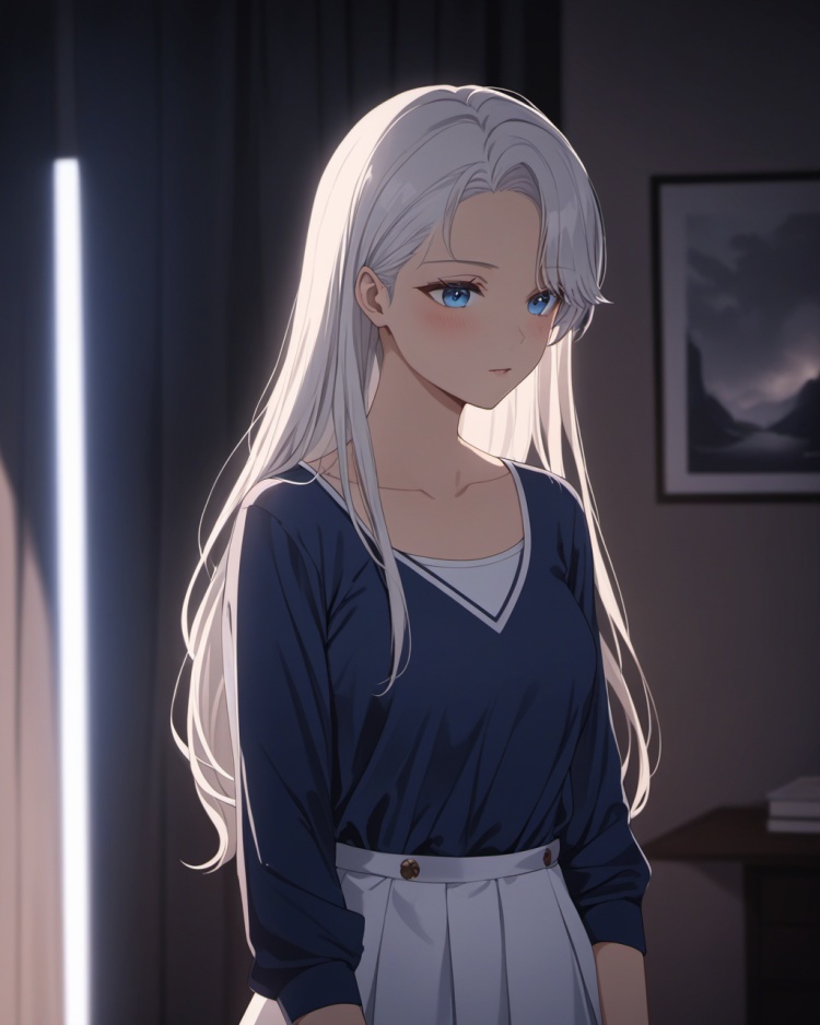 very aesthetic,source_anime,highres absurdres,masterpiece,bestquality,higher quality,best quality,Volumetric Lighting,moody lighting,Cinematic Lighting,blush,<lora:nailin-asoul-a3a:0.5>,1girl,blue eyes,long hair,solo,cowboy_shot,asymmetrical bangs,white hair,