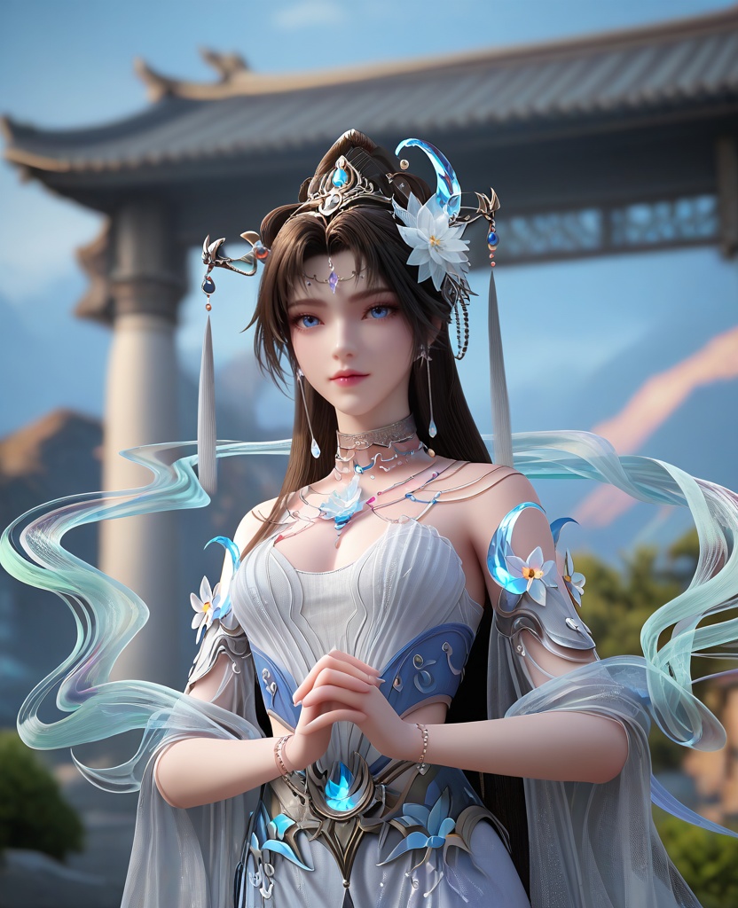 (oriental architecture, elegant decor, sophisticated style:1.1),Standing with hands clasped behind the back,,(breasts:1.2),<lora:XL16完美世界邀月公主:0.95>,princess yaoyue,white corset mermaid gown with front thigh-high slit,blue eyes,black hair,draped looped buns with long cascading hair,very long hair,crescent crystal ornament,hair ornament,jewelry,hagoromo,wide flowing sleeves,, zPDXL2, score_9, score_8_up, score_7_up BREAK realistic, masterpiece,best quality, highly detailed,, zPDXL3, zPDXL2,zPDXL, zPDXLxxx, zPDXLrl,