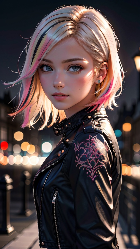 raw portrait photo of Punk Girl,  very short multicolored hair,  in high detailed textured (black leather jacket) on Tenso...