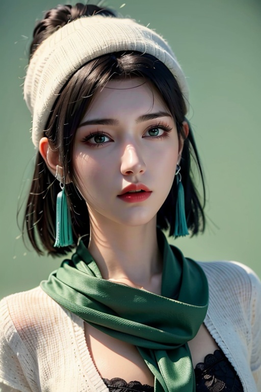 HDR,UHD,8K,Best Quality,1girl,black hair,jewelry,beanie,earrings,scarf,solo,green background,hat,heart,green scarf,simple background,heart earrings,upper body,short hair,bangs,looking at viewer,black eyes,<lora:YUNYUN_20240519003719-000006:0.8>,