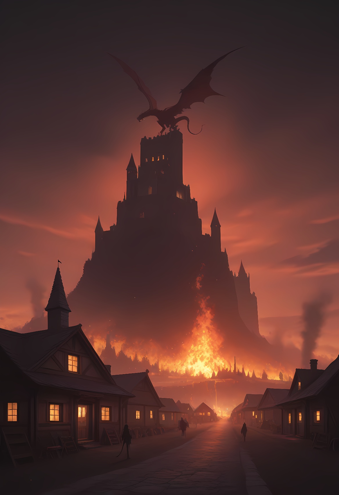 A large red dragon stands amidst the cottages of a burning village,  belching flames. The skies are dark with clouds and s...