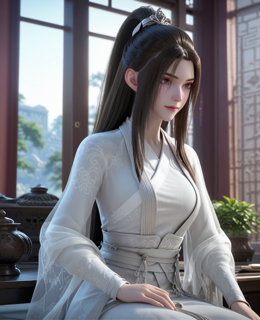 (oriental architecture, elegant decor, sophisticated style:1.1),(Gazing over a raised shoulder, a hint of a smile on her lips, she emanates coyness and playful allure:1.1),(large breasts:1.2),<lora:XL16永生方清雪:0.95>,miss fangqingxue,see-through overdress with embroidery,white chinese clothes,black hair,half-up ponytail with long cascading hai,very long hair,white hagoromo,, score_9,score_8_up,score_7_up,score_6_up,score_5_up,score_4_up,3d rendering,tag1,tag2, Cinematic Lighting,backlighting,