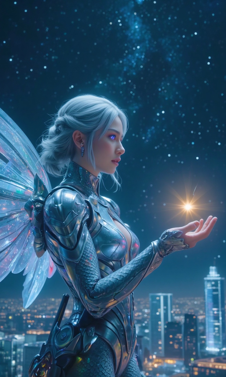 Science fiction film.The visual texture is incredibly,incredibly,incredibly realistic film,Under a boundless expanse of stars,a futuristic city hovers,with buildings as transparent and sparkling as crystals,their light weaving into a dazzling network. The female protagonist stands at the edge of the city,her silver hair gently floating,her eyes a breathtaking rainbow hue,shimmering with an incredible glow in the darkness.,Her skin is so fair it appears almost translucent,as if it might dissolve into starlight at any moment. She wears a tight-fitting suit **** of metal,studded with tiny,luminescent scales that emit captivating light and shadow with each movement. At her waist,she carries a peculiar weapon,shaped **** some relic from an ancient civilization,yet exuding a powerful energy fluctuation.,Suddenly,a pair of transparent wings unfold from her back. These are not ordinary wings but ethereal ones woven from light and energy. Her gaze is filled with unwavering determination,as if to protect this starry sky or perhaps to seek out some eternal destiny. She raises her hand gently,and a brilliant star floats in her palm,emitting a warm glow.,