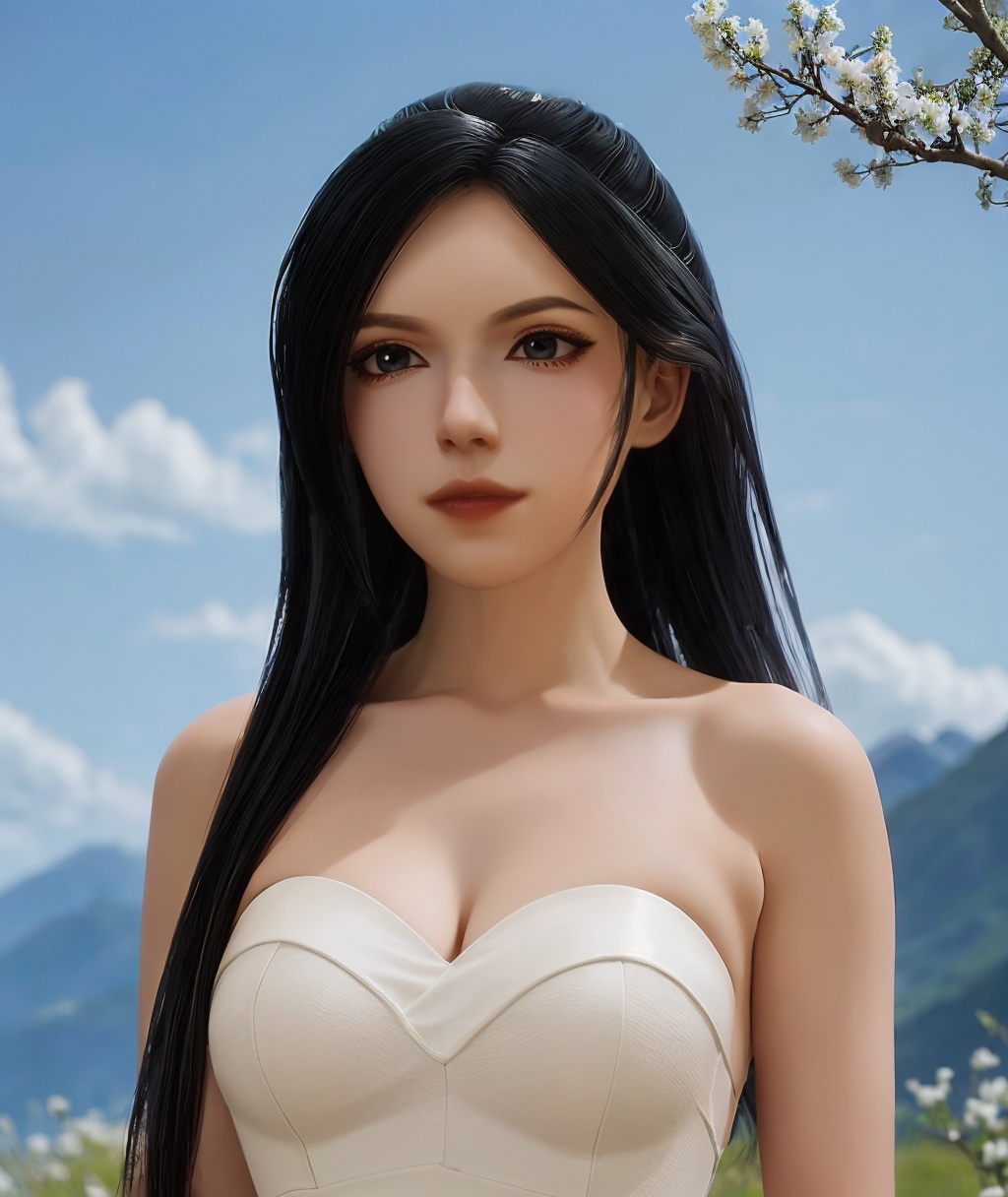 <lora:zhouyi:0.85>,zhouyi,upper body,looking at viewer,1girl,solo,light_smile,(white_wavy_long_hair:1.3),(light_blue_ strapless_dress:1.3),soft focus,garden,nature,bush,mountains,grass,(blooming sakura trees:1.3),(waterfall:1.1),river,fog,sun rays through branches,depth of field,(best quality:1.5,masterpiece:1.5),