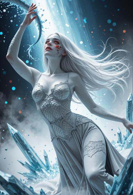masterpiece, detailed_eyes, high_quality, best_quality, highres, subject_focus, depth_of_field, black, blue, white, grunge, gothic, dark fantasy, fairytale,Limited Palette, monochromatic colors, face_focus, high angle,  angle_behind_subject,woman, brown_eyes, dragon scales, Oni, sultry gaze, blush, white skin, white hair, hair over eye, red eye, very straight hair, tilted head, action motion, abstract, splatter, splash art,simple background, fog, bokeh,provocative, hope, confident, dancing, motion, ice, smurg,white lace, garnet, autumn leaves, wine red, dreamy dystopia, sultry_gaze,