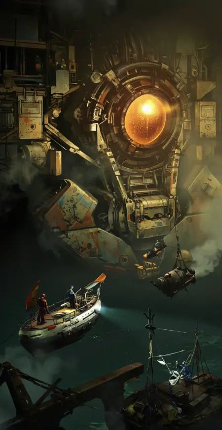 Yurimazum art style.A dark,  atmospheric scene featuring a massive,  ancient mechanical structure with a glowing orange co...