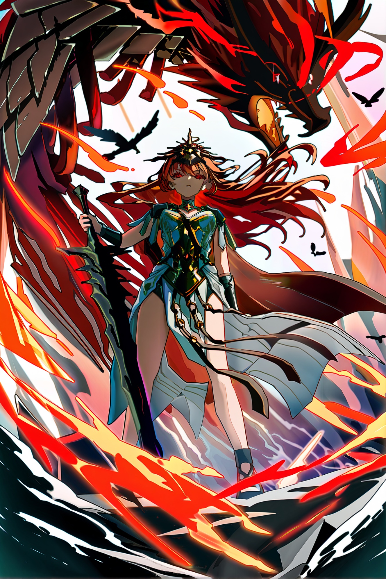 ka ra ra ge tsu ne,miyuki,augusta\(Wuthering Waves\), 1girl, red hair, holding, weapon, long hair, holding weapon, dragon, sword, dress, holding sword, white dress, cape, solo, bird, fire, armor, floating hair, full body, standing, breasts, horns, looking at viewer