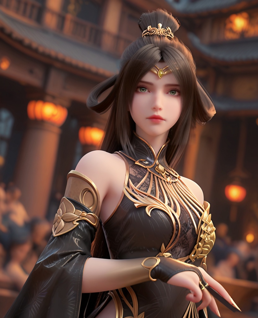 (oriental architecture, elegant decor, sophisticated style:1.1),dancing,folding fan in hand,(breasts:1.2),<lora:XL完美世界魔女2:0.95>,miss monv,solo,black dress,green eyes,circlet,black hair,long hair,hair bun,white  streaked hair,lips,claw rings,jewelry,detached sleeves,bridal gauntlets,hair rings,, zPDXL2, score_9, score_8_up, score_7_up BREAK realistic, masterpiece,best quality, highly detailed,, zPDXL3, zPDXL2,zPDXL, zPDXLxxx, zPDXLrl,