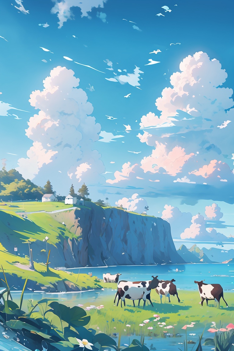 masterpiece,best quality,illustration,outdoors,sky,day,cloud,water,blue_sky,no_humans,ocean,cloudy_sky,grass,scenery,horizon,cow,