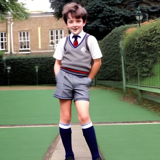 A young British schoolboy in a traditional grey school uniform,  with shorts and knee-high socks. on Tensor.Art