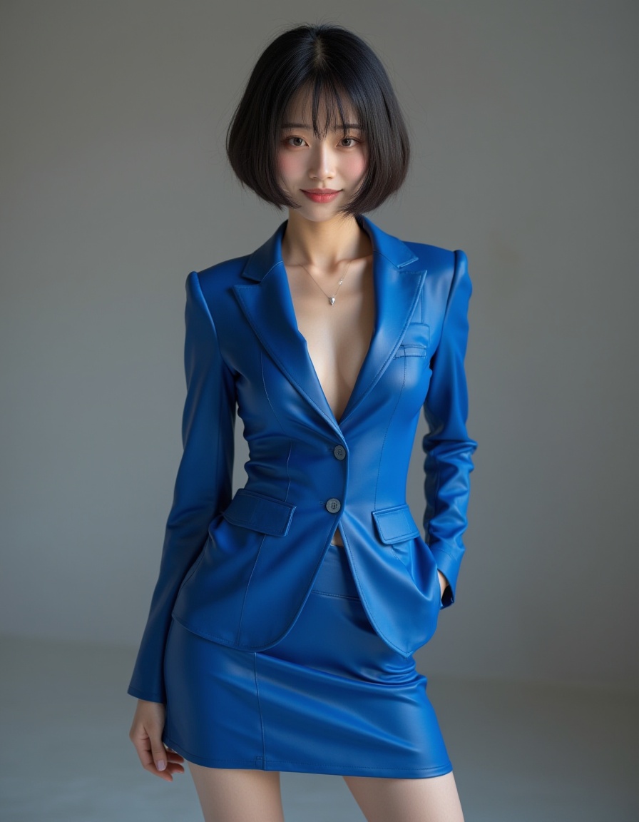 best quality, ultra high res, (photorealistic:1.4), RAW photo,(full-body shot),1japanese girl,( a woman with cat-like features, sharp almond-shaped eyes),a bob haircut,a slim body,blue-glossy tight skirt suit, professional, OL style,.