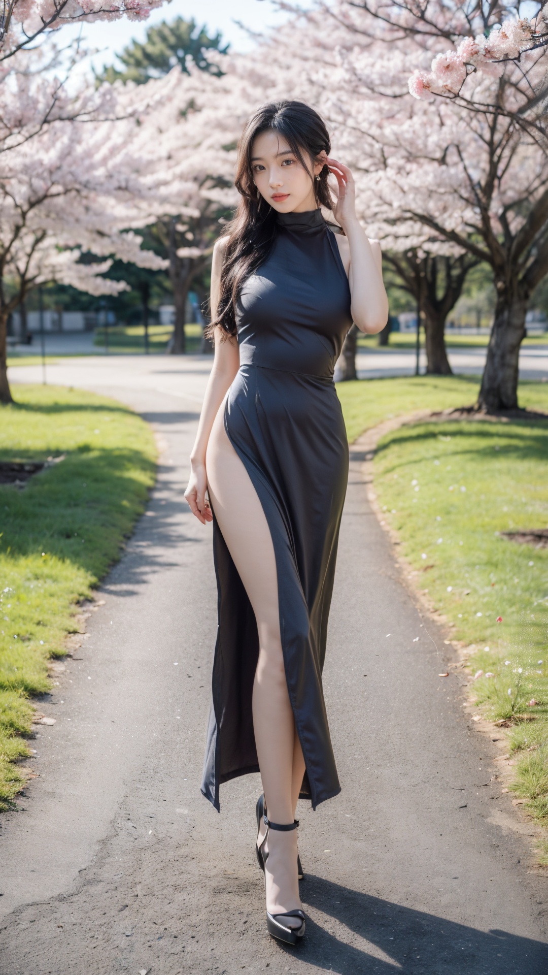 Realistic, masterpiece, 8K, a beautiful girl, long black hair, large breasts, ((solo)), full body, (Spring scenery, parks, peach blossoms), (standing), <hypernet:Unspeakable-Horrors-Composition-4v:0.8>, <lora:add_detail:0.6>,<lora:GoodHands-vanilla:1>,  ,high_slit dress,grey_dress, <lora:ENNE 高开叉连衣裙_V2:0.8>,(gray pantyhose),