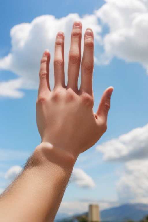 <lora:nicehand000007:0.9>,close-up,hand,Open your five fingers,blue sky,sky,outdoors,cloud,close-up,out of frame,day,
