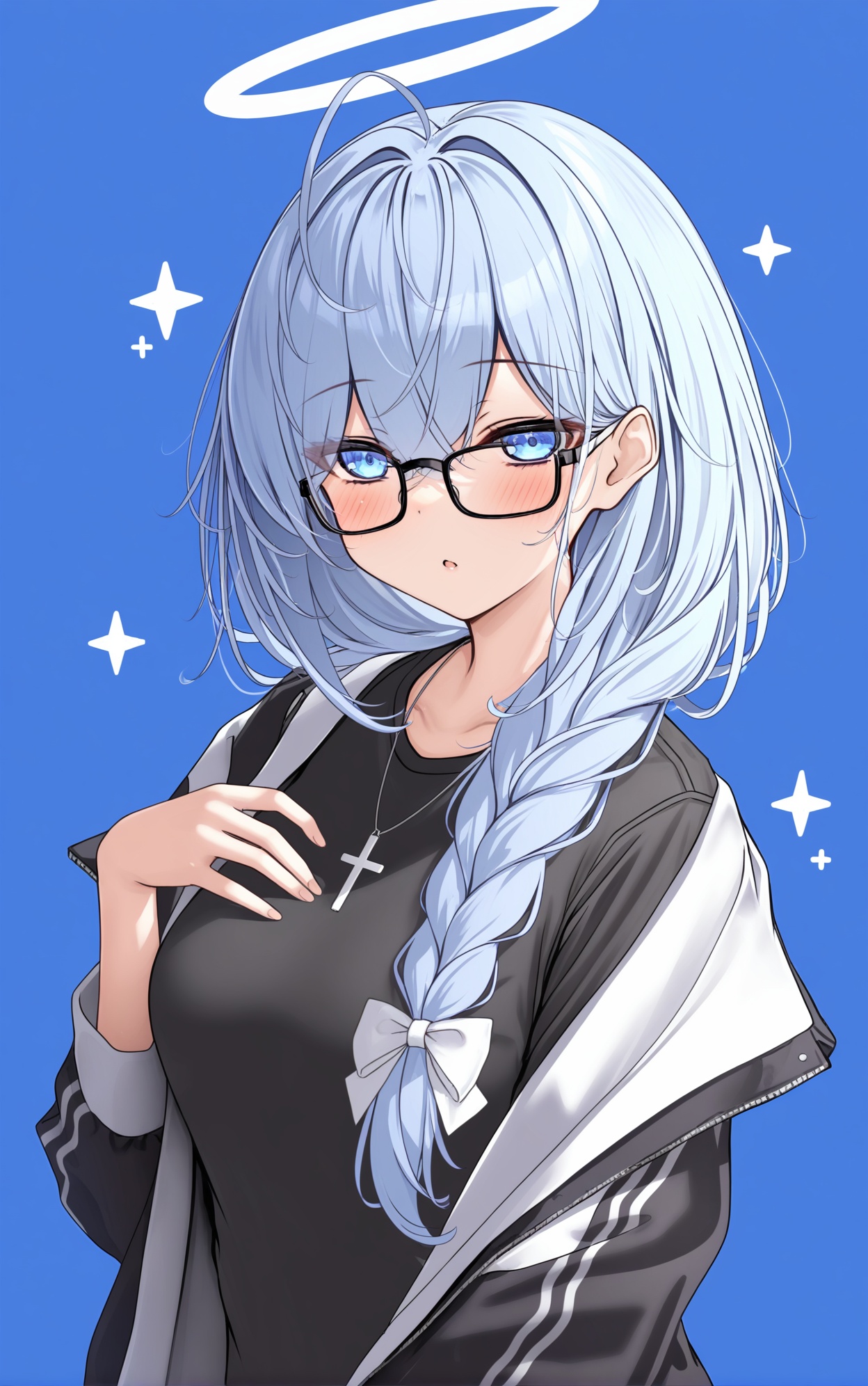 Monaka Curl,Cool, Cute, 1girl, solo, halo, glasses, blue eyes, braid, blue hair, looking at viewer, jacket, upper body, black shirt, long hair, shirt, black jacket, breasts, ahoge, hair between eyes, single braid, open clothes, cross, black-framed eyewear, hair over shoulder, open jacket, parted lips, hair bow, bow, blue background, simple background, off shoulder, medium breasts, sparkle
