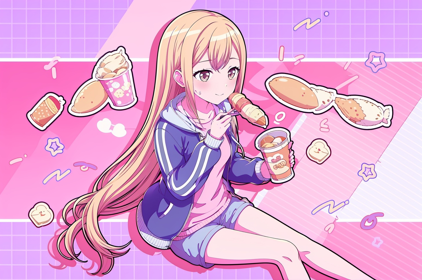 masterpiece,best quality,ultra-detailed,<lora:这应该是个壁纸Lora:1.1>, 1girl, long hair, food, ice cream, dot nose, chopsticks, expressionless, collarbone, striped, cup, star \(symbol\), short shorts, open jacket, sitting, hood, polka dot background, bowl, closed mouth, straight hair, halftone, noodles, polka dot, long sleeves, pink jacket, hooded jacket, bangs, tsurime, light blush