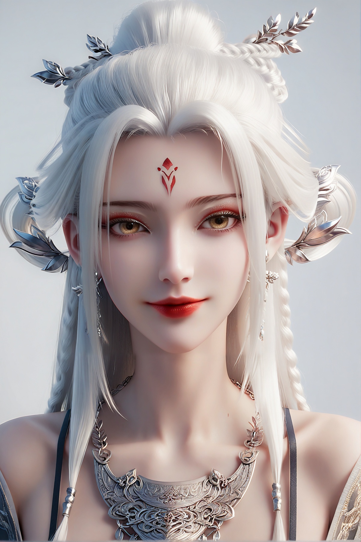 score_9,score_8_up,score_7_up,1girl,solo,jewelry,white hair,earrings,long hair,looking at viewer,yellow eyes,necklace,upper body,forehead mark,bare shoulders,facial mark,braid,smile,hair ornament,red lips,<lora:wy_xiaobai_XL7.0:0.8>,<lora:zwd_v2_SDXL:0.2>,zwd,<lora:细节B:0.5>,simple background,white_background,