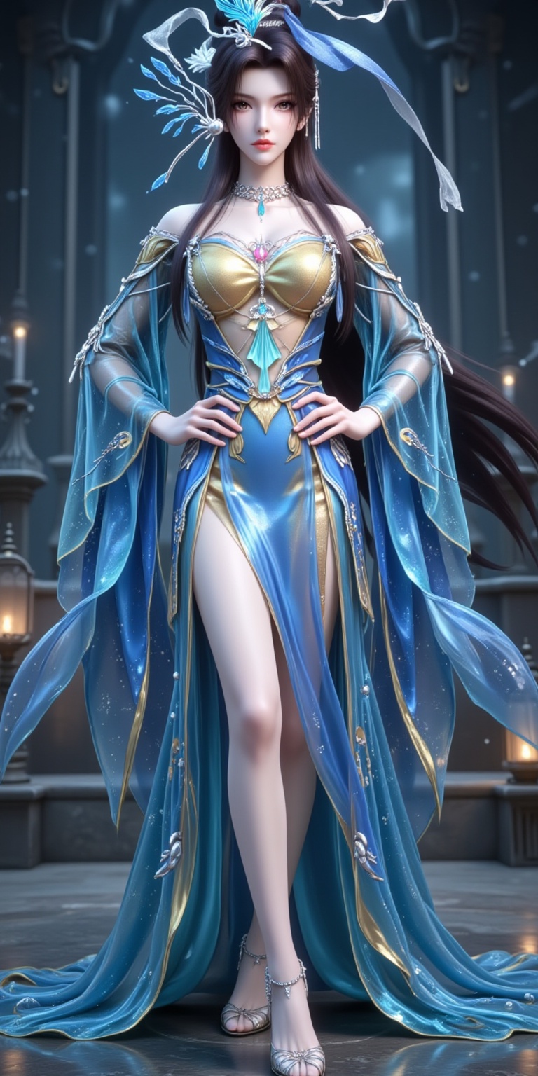 <lora:云望舒·8:1.1>,yunwangshu,1girl,solo,long hair,water,dress,hair ornament,hair bun,forehead mark,facial mark,jewelry,brown hair,closed mouth,blue dress,black hair,chinese clothes,full body,legs,high_heels,hand on own hip,cover,gradient background,close-up details,outstanding style,adding a touch of dimension to your images without compromising details,close-up,<lora:DJ滤镜_2.5D版:0.3>,lvjing,<lora:油画唯美滤镜15:0.2>,baoshi,