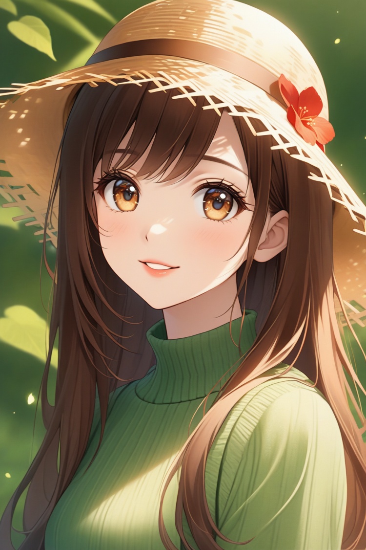 A beautiful and lovely little girl with long hair, highest image quality, exquisite picture, Tyndall effect, big eyes, long eyelashes, green sweater skirt, (with straw hat on head) (with straw hat on head), perfect facial features, clear face, delicate lips, smile, clean and beautiful background, gentle light, red mainly, simplified:: brown hair