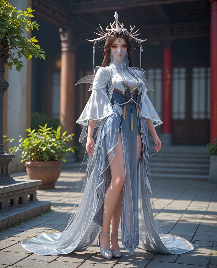 (oriental architecture, elegant decor, sophisticated style:1.1),(Standing with arms crossed and a confident smile,:1.1),(breasts:1.2),<lora:XL百炼成神玉婆婆:0.9>,miss yupopo,long hair,veil,black hair,hair ornament,dress,mouth veil,brown eyes,see-through,jewelry,breast,shoes,, zPDXL2, score_9, score_8_up, score_7_up BREAK realistic, masterpiece,best quality, highly detailed,, zPDXL3, zPDXL2,zPDXL, zPDXLxxx, zPDXLrl,