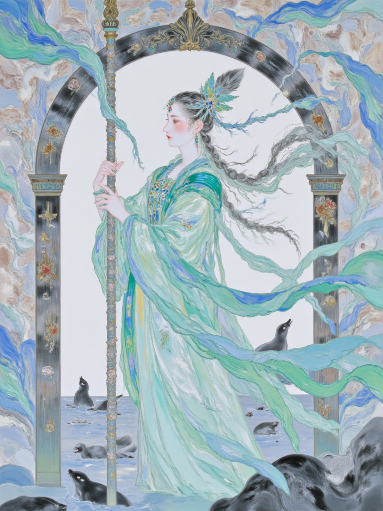 bai,The painting portrays Sedna, the Inuit goddess of the sea and marine life, depicted in a poised, side profile, grasping a spiral-shaped coral staff with solemn dignity. She wears a flowing, classical gown in muted teal and ice-grey tones, its folds cascading elegantly around her, reminiscent of carved driftwood and whale-bone patterns. Her hair, long and wet, is braided loosely with seaweed threads and small shells, enhancing her haunting and elemental aura. The background showcases a softly marbled texture in ocean blues and glacier whites, with faint silhouettes of seals and fish--her sacred symbols--emerging around her feet, grounding her aquatic presence. An intricate arch, adorned with wave motifs and polar stars, frames the composition, infusing the scene with an Art Nouveau elegance that balances Sedna's mystery and power. Fantasycore