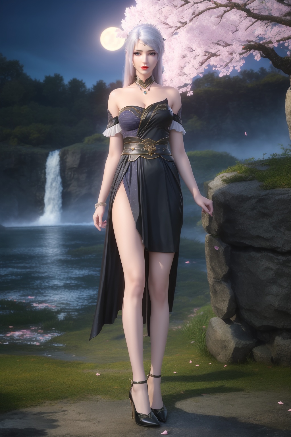 photo_\(medium\),(8k, RAW photo, best_quality),(masterpiece:1.2),(realistic:1.2),(photorealistic:1.3),(ultra-detailed),(extremely_detailed_cg_8k_wallpaper),(crystal_texture_skin:1.3),(shiny:1.2),(shiny_skin:1.4),(extremely_delicate_and_beautiful),(scenery, waterfall, (cherry_blossoms), (milfeulle_sakuraba), (petals, falling_petals), full_moon, moon, night, moonlight, night_sky, sky, petals, water, stone),shenfengLuoLi,1girl,solo,dress,torogao,breasts,large breasts,circlet,white hair,pendant,detached collar,standing,jewelry,hair ornament,earring,necklace,red lips,realistic,looking at viewer,high heels,<lora:shenfengLuoLi_20240413131506-000004:0.7>,