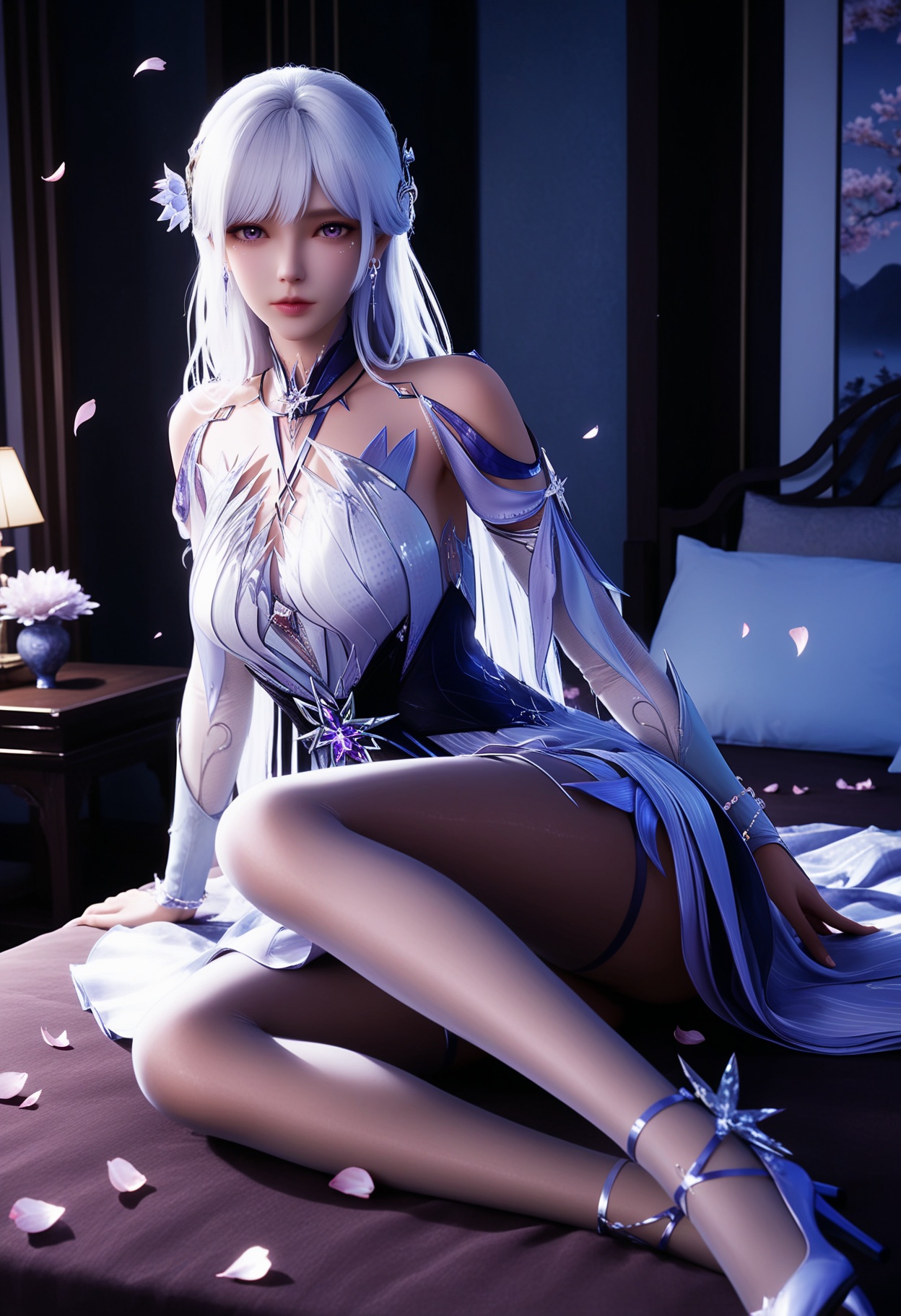 masterpiece,best quality,amazing quality,very aesthetic,high resolution,ultra-detailed,absurdres,scenery,photorealistic,(looking at viewer:1.1),(Dark room:1.3),(moody lighting:1.1),falling petals,(large breasts:0.8),shengcaiersjcf,1girl,solo,long hair,hair ornament,white hair,jewelry,purple eyes,earrings,realistic,dress,bare shoulders,hair flower,white dress,lips,nose,pantyhose,strapless,long_dress,strappy heels,high_heels,sitting BREAK photorealistic details,<lora:QQSillshengcaiersjcfV1:0.8>,