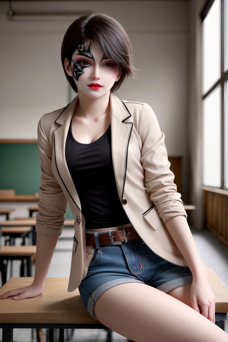 ((HRD, HUD, 8K)),((masterpiece, best quality)), highly detailed, soft light,1girl, solo, mask, short hair, black hair, red eyes, lips, red lips, makeup,(t-shirt:1.2), (blazer:1.2), denim shorts,blurry background, classroom, chalkboard, sitting, cowboy shot, looking at viewer, <lora:20240405-1712280500487:0.7>