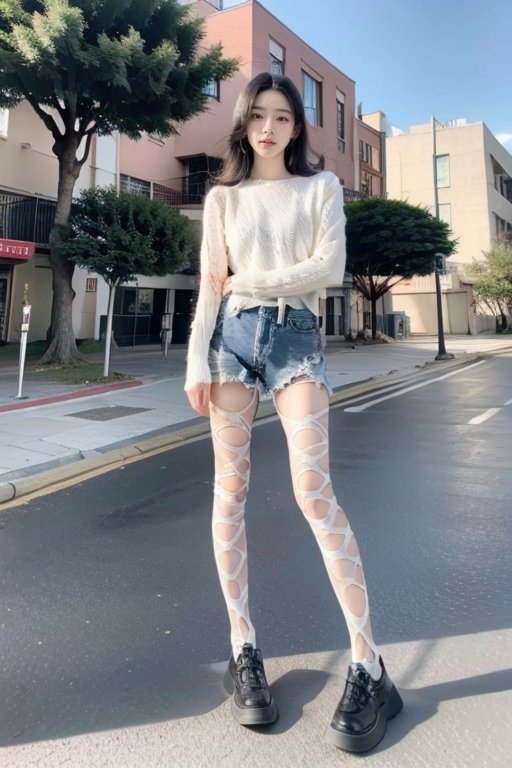 1girl,ultra-detailed,8k resolution,(photorealistic:1.5),RAW,perfect finger,good hand,(full body shot:1.2),flush,delicate skin,best quality,HDR,Vivid Colors,solo,photo,cute and girl,(looking at viewer:1.1),Elegant,(stand:1.1),powa,<lora:lora:0.4>,<lora:powa_v1.0-000006:0.8>,(outdoors:1.2),powa,(ultra short denim shorts:1.1),(long leg:1.1),the whole body,