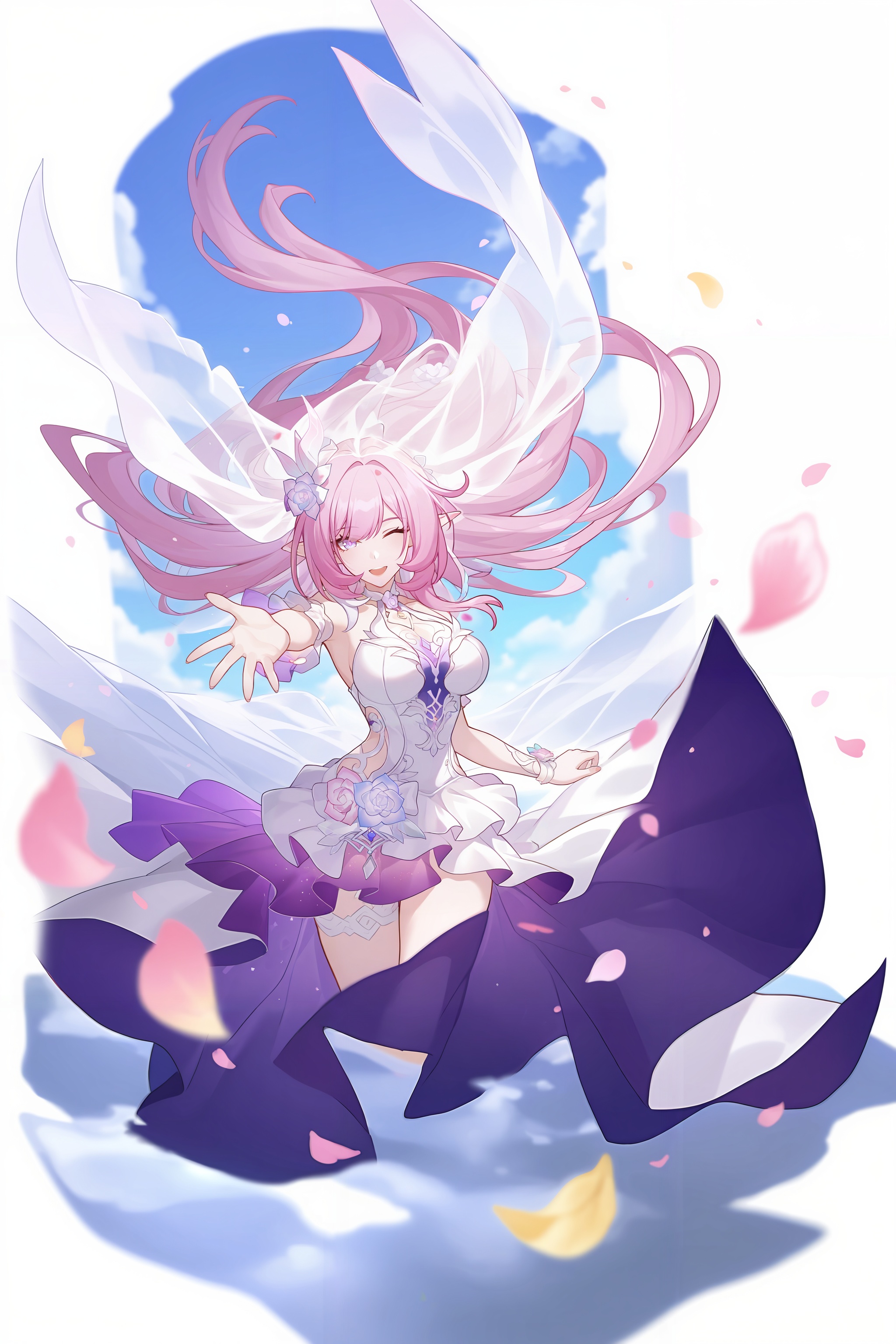 <lora:大昔涟:0.8>,xilian,1girl,long hair,pink hair,hair ornament,pointy ears,pink eyes,very long hair,elf,purple eyes,elysia \(honkai impact\),xilian,1girl,pink hair,solo,long hair,veil,breasts,smile,one eye closed,white dress,open mouth,dress,looking at viewer,petals,teeth,purple eyes,pointy ears,sky,blue sky,upper body,bridal veil,wedding dress,large breasts,pink eyes,depth of field,masterpiece,best quality,very aesthetic,alternate costume,alternate costume,2024,2023,perfect composition,ultra-detailed,extreme aesthetic,masterpiece,best quality,good quality,newest,year 2024,year 2023,very aesthetic,absurdres,looking_at_viewer,colorful,<lora:立绘构图ILL:0.3>,lihui,wind,pink wind,(dynamic_angle:1.1),(dutch angle:1.1),close-up,