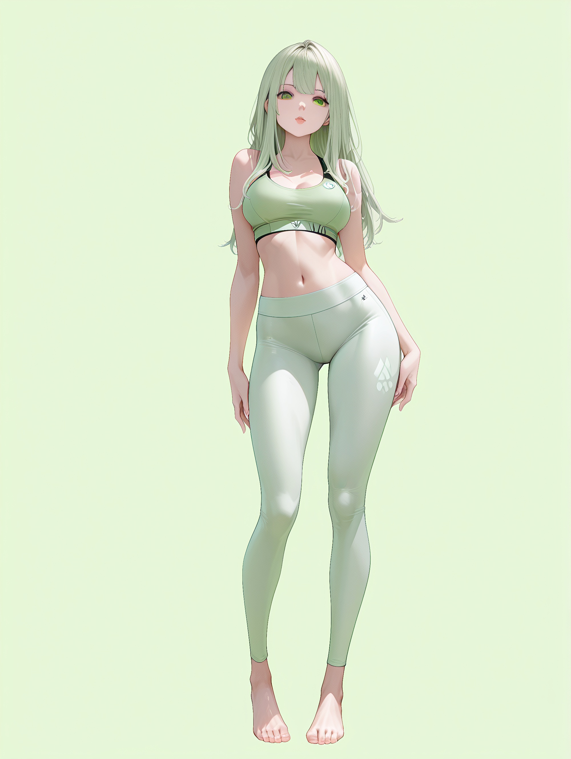 1 girl, solo, navel, barefoot,long hair, Have a good figure, (full body), breasts,(light green background), crop top, lips, looking at viewer, (yoga pants), (sports bra), (pantyhose), yujia,((full body)),