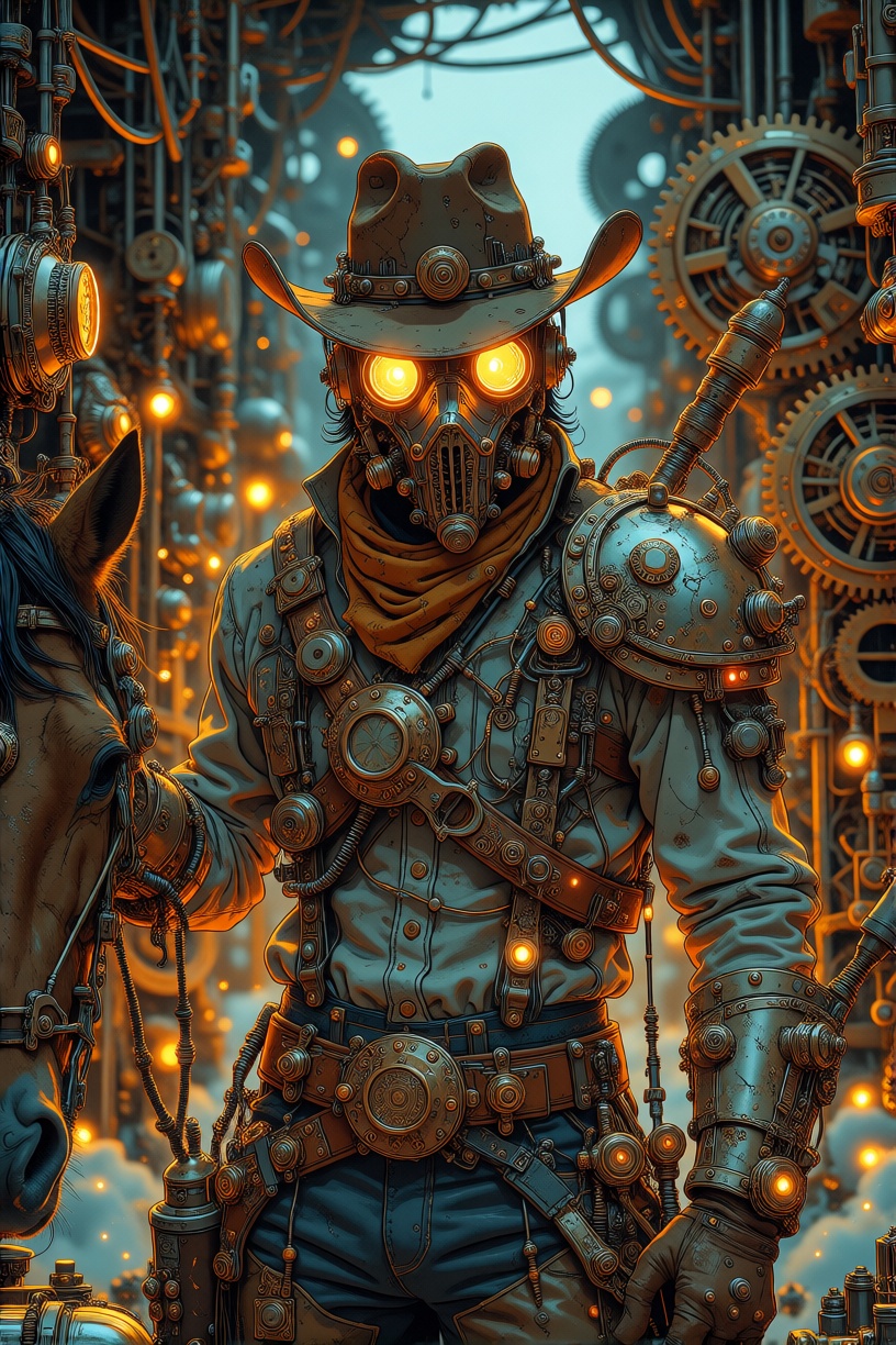 Steampunk cowboy with mask,  helmet,  and harness on Tensor.Art